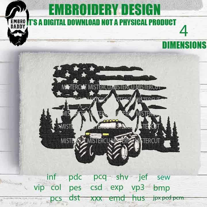 Machine Embroidery, usa flag monster car embroidery files, American Flag gift idea PES, xxx hus & more, patriotic fathers day gift idea, Dad