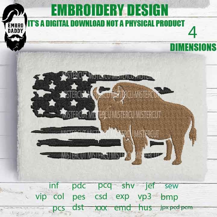 Machine Embroidery, usa flag bison landscape embroidery files, hiker Gift Idea, nature Design, PES, xxx, hus & more, buffalo pes