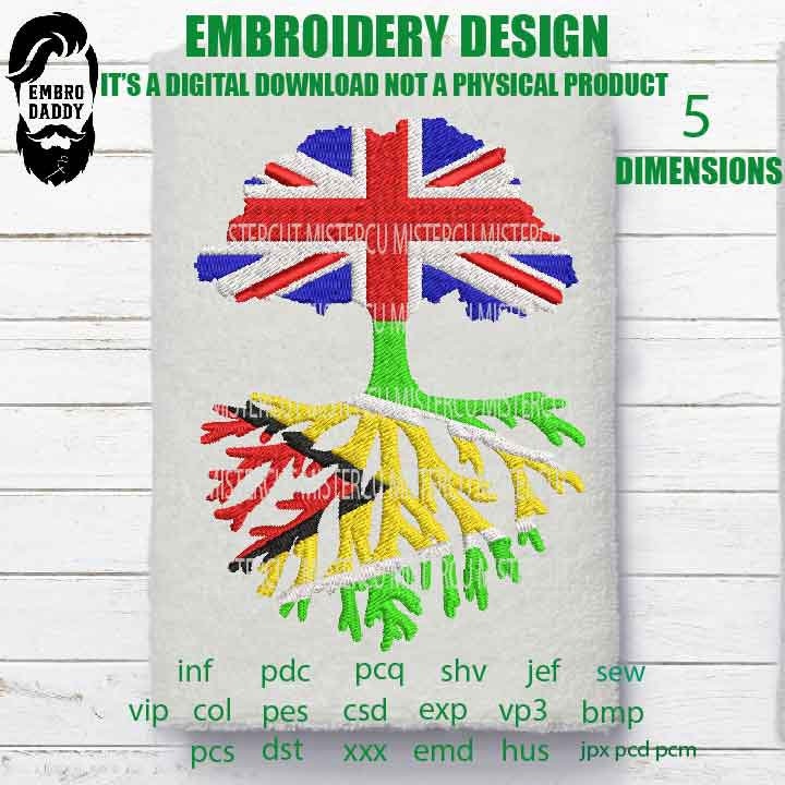 Machine Embroidery, Uk Tree GUAYANA Roots Family Quote, gift idea PES, xxx, hus & more, Family reunion UK Flag Guayana Roots