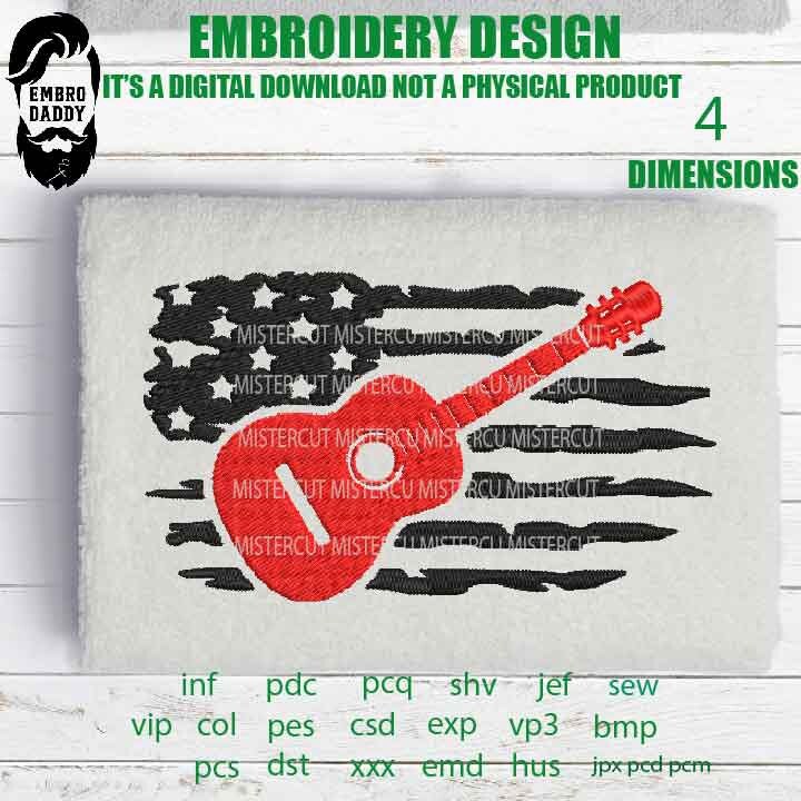 Machine Embroidery, USA flag Acustic guitar gift idea PES, xxx, hus & more, guitar player gift idea embroidery files , husband pes