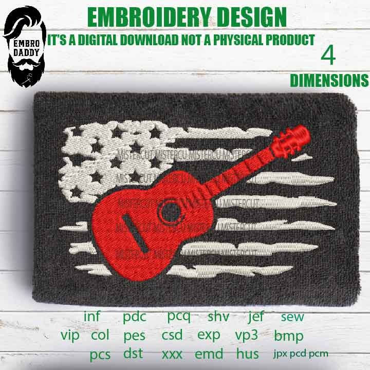 Machine Embroidery, USA flag Acustic guitar gift idea PES, xxx, hus & more, guitar player gift idea embroidery files , husband pes