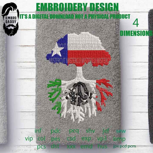 Machine Embroidery, Texas Tree Mexico Roots Family Quote, gift idea PES, xxx, hus & more, Family reunion American Flag Mexican Flag