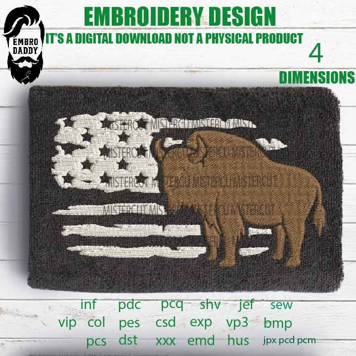 Machine Embroidery, usa flag bison landscape embroidery files, hiker Gift Idea, nature Design, PES, xxx, hus & more, buffalo pes