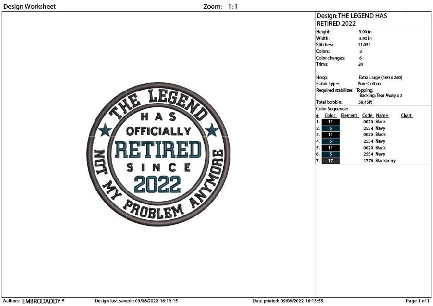 Machine Embroidery, The legend has officially Retired since 2022 PES, funny embroidery files, gift idea PES, xxx, hus & more