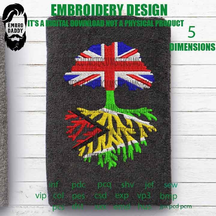 Machine Embroidery, Uk Tree GUAYANA Roots Family Quote, gift idea PES, xxx, hus & more, Family reunion UK Flag Guayana Roots