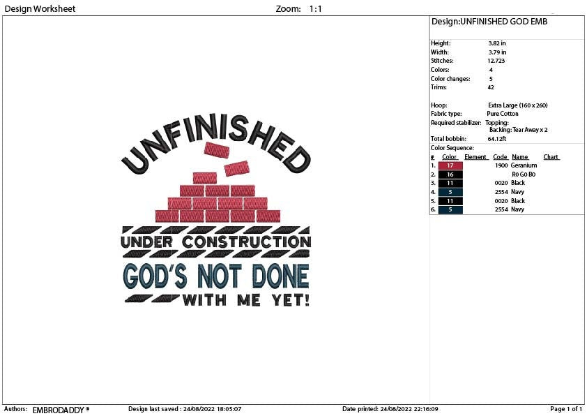 Machine Embroidery, unfinished under construction God's not done with me yet, God embroidery files, gift idea PES, xxx, hus & more