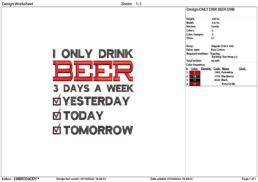 I Only Drink Beer 3 Days A Week Funny Sayings Embroidery Pattern File in PES, DST, hus & more, digital download,Beer Lovers Gifts Idea,