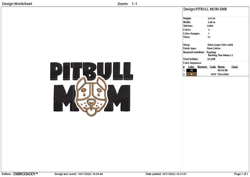 Embroidery files, Pitbull Mom Machine Embroidery Design, 3 sizes, Embroidery Pattern, Embroidery File PES, xxx, & more