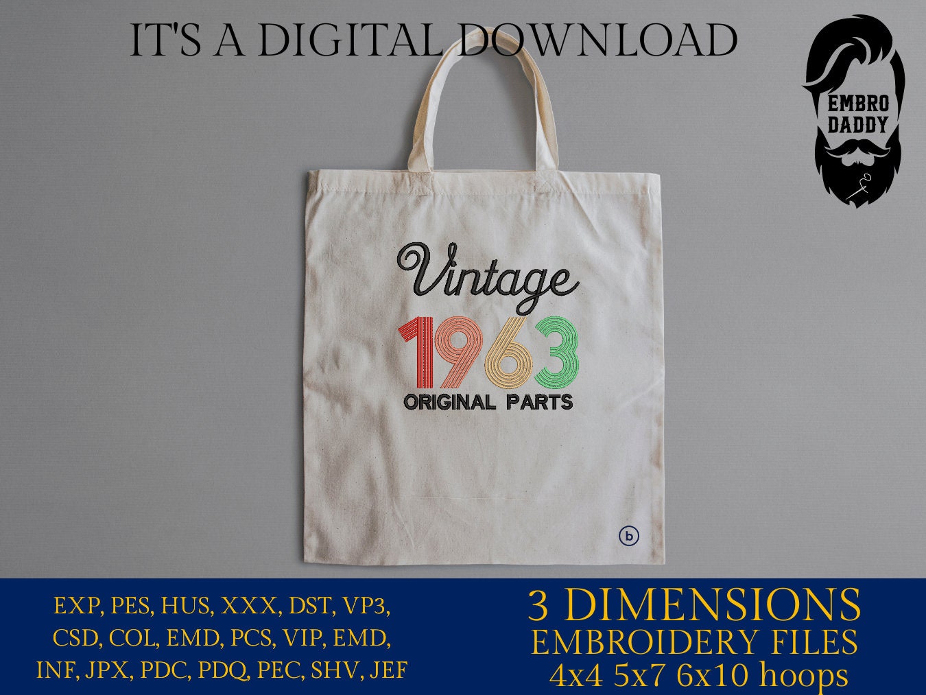 Machine Embroidery, Vintage 1963 Original parts pes, birthday funny embroidery files, gift idea PES, xxx, hus & more