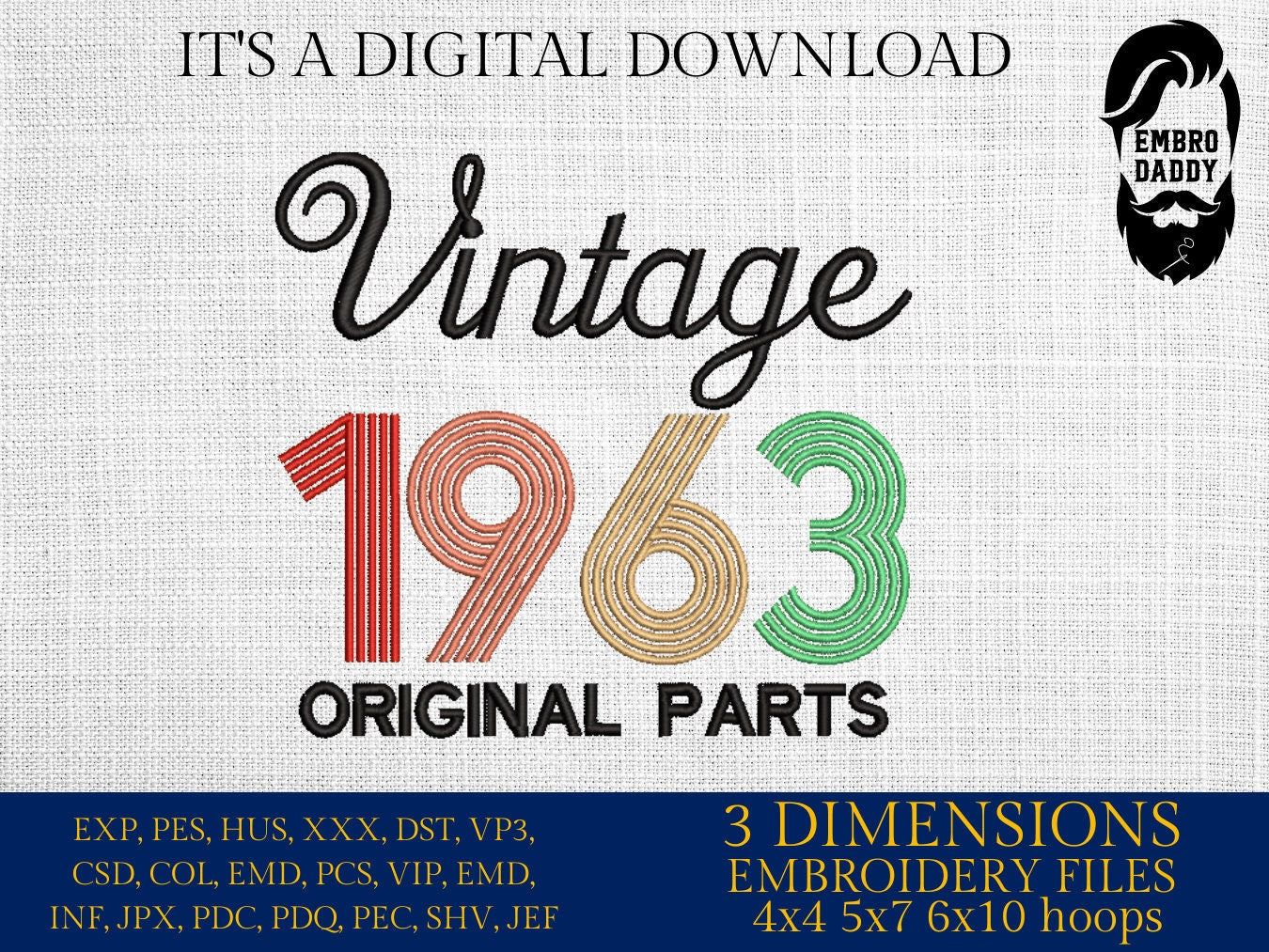 Machine Embroidery, Vintage 1963 Original parts pes, birthday funny embroidery files, gift idea PES, xxx, hus & more