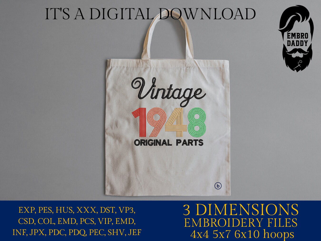 Machine Embroidery, Vintage 1948 Original parts pes, birthday funny embroidery files, gift idea PES, xxx, hus & more