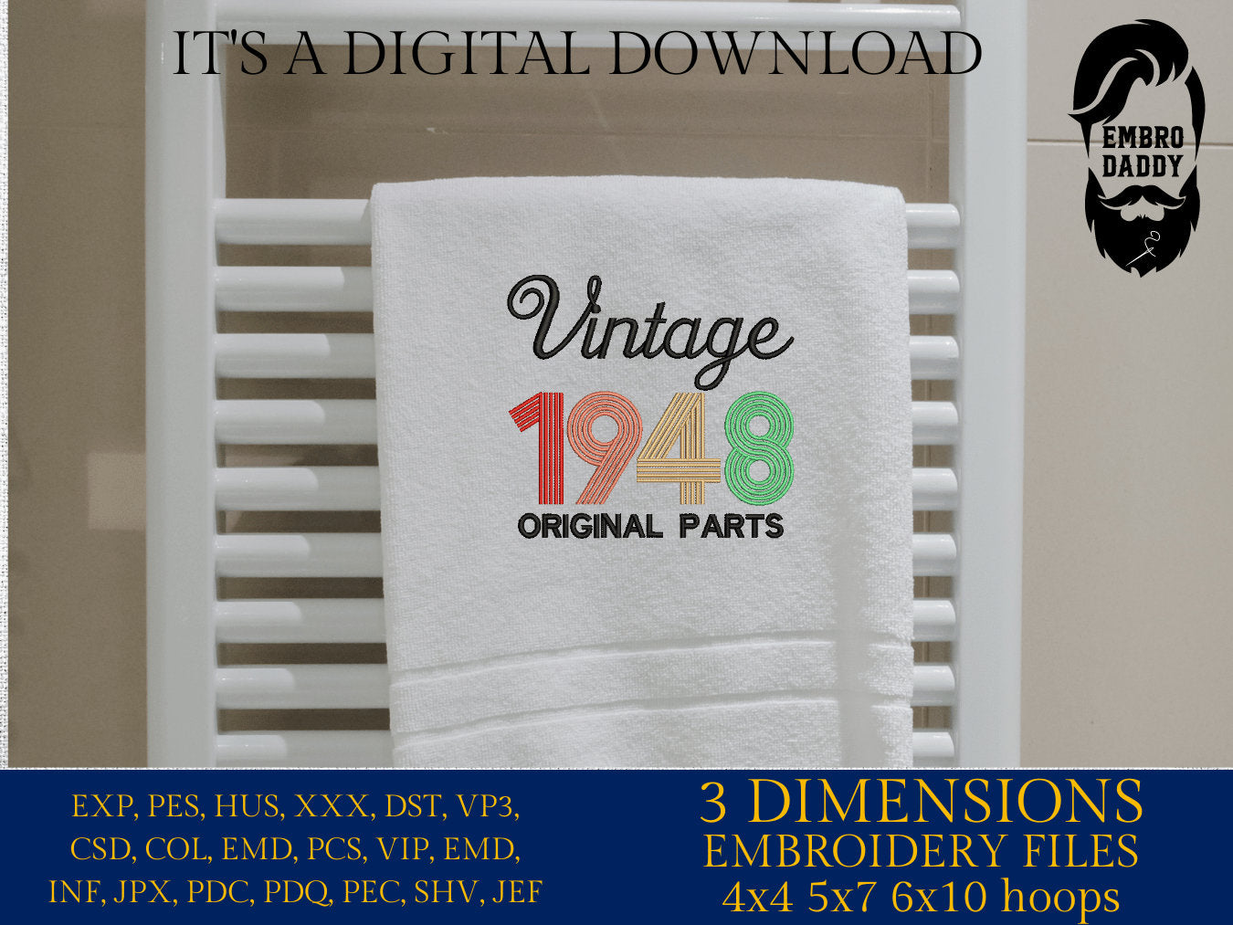 Machine Embroidery, Vintage 1948 Original parts pes, birthday funny embroidery files, gift idea PES, xxx, hus & more